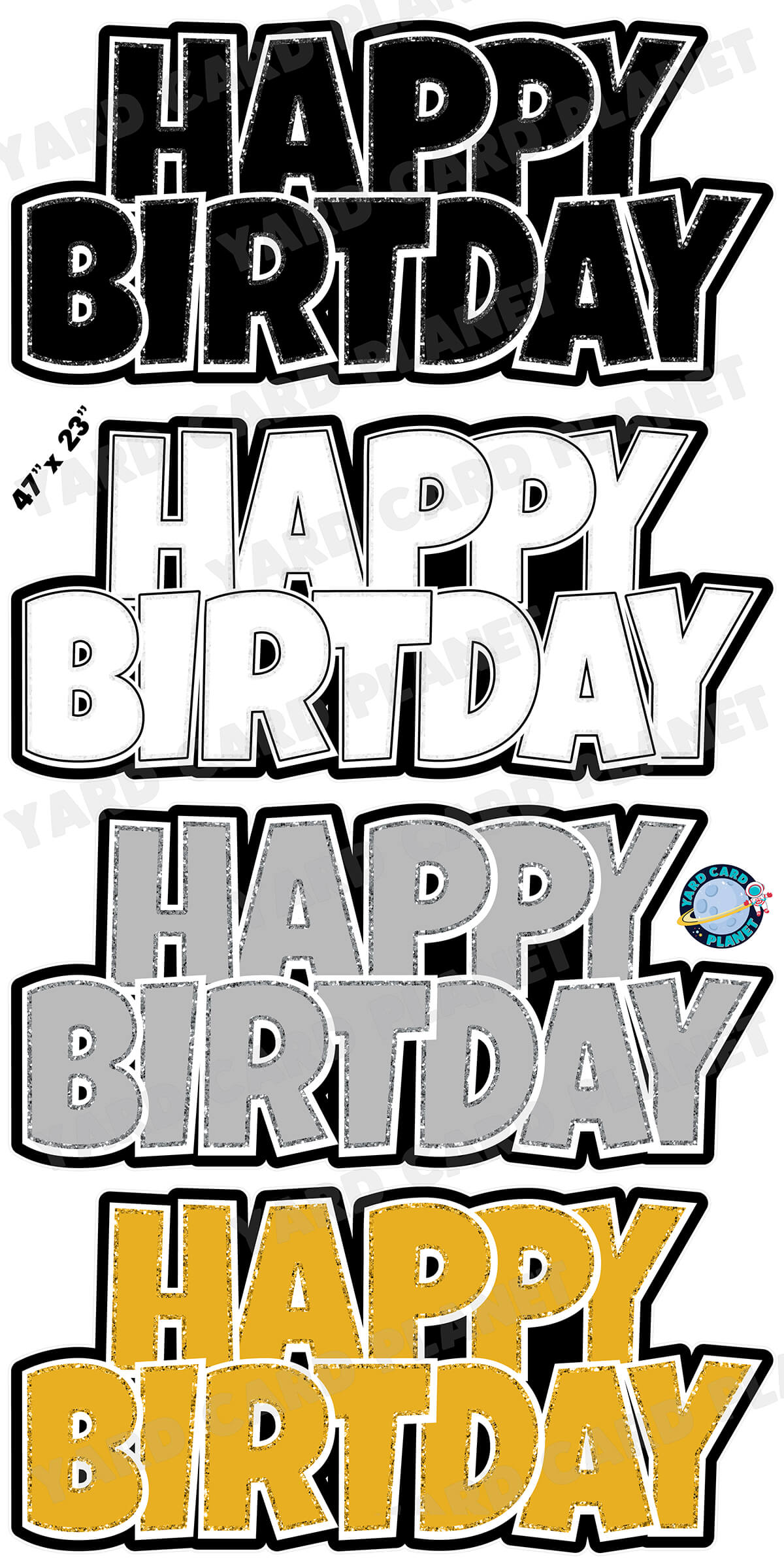 Happy Birthday Luckiest Guy EZ Quick Signs with Glitter Trim in Black, White, Silver and Gold Yard Card Set