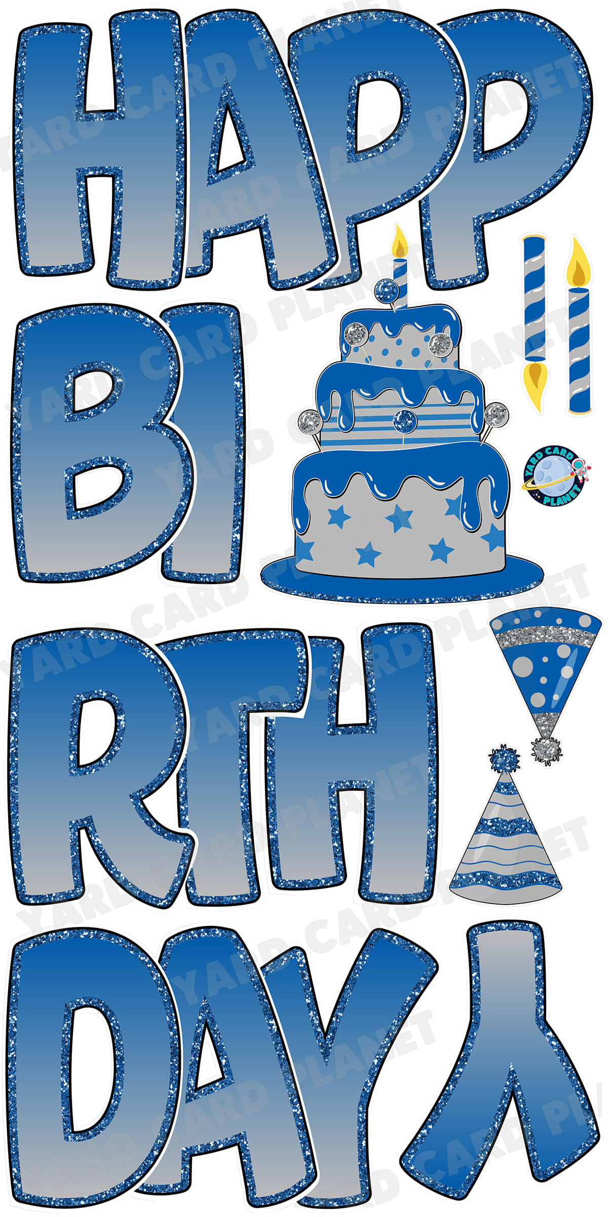 Large 23" Blue and Silver Happy Birthday Yard Card EZ Quick Sets in Bouncy Bold Font and Birthday Flair