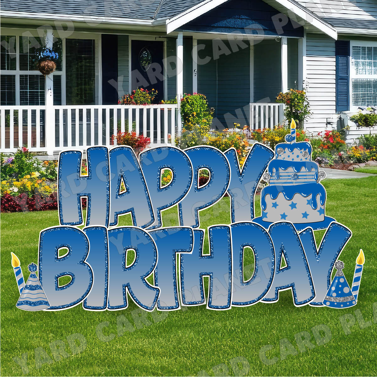 Large 23" Blue and Silver Happy Birthday Yard Card EZ Quick Sets in Bouncy Bold Font and Birthday Flair