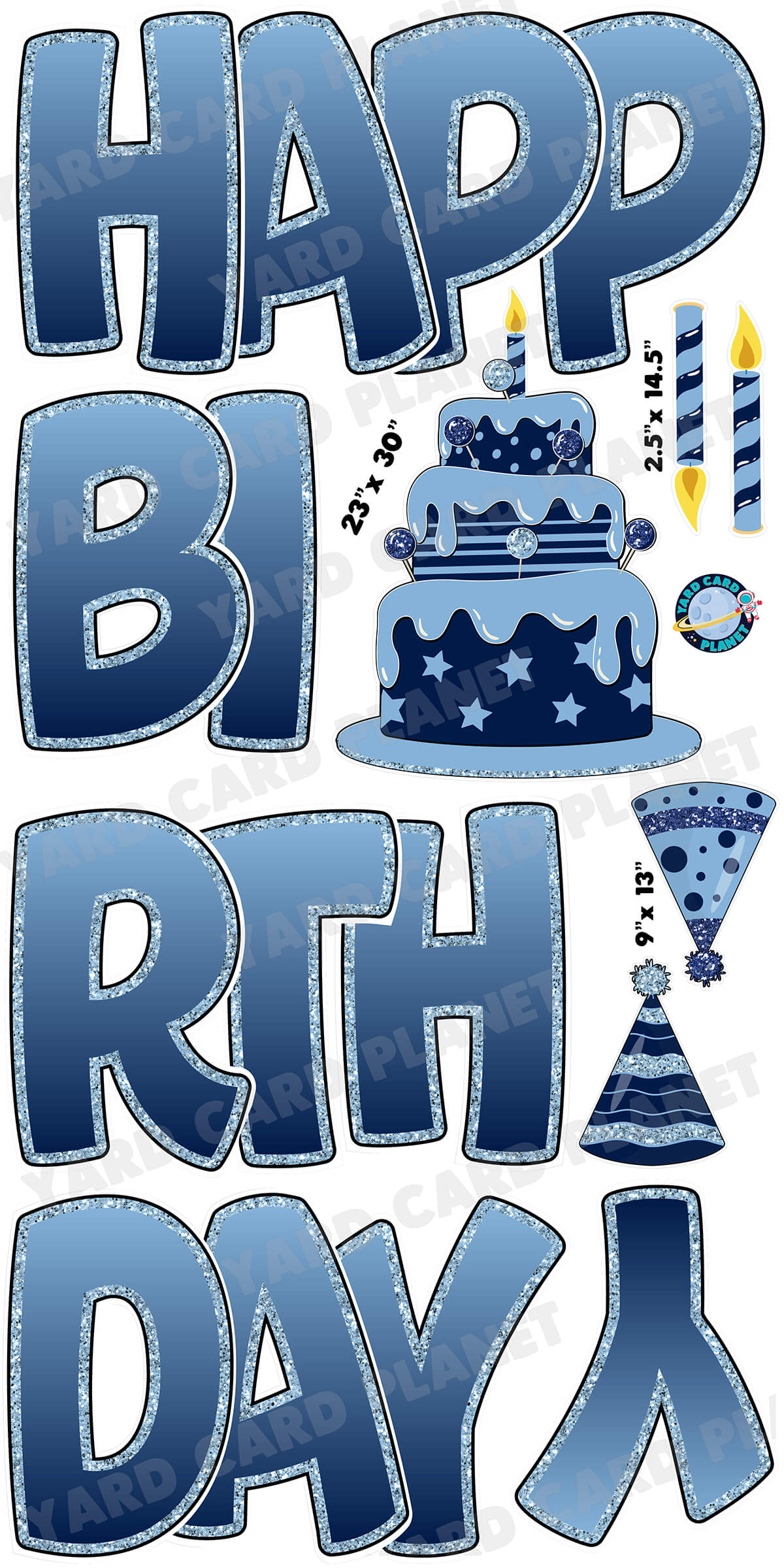 Large 23" Baby Blue and Navy Blue Happy Birthday Yard Card EZ Quick Sets in Bouncy Bold Font and Birthday Flair