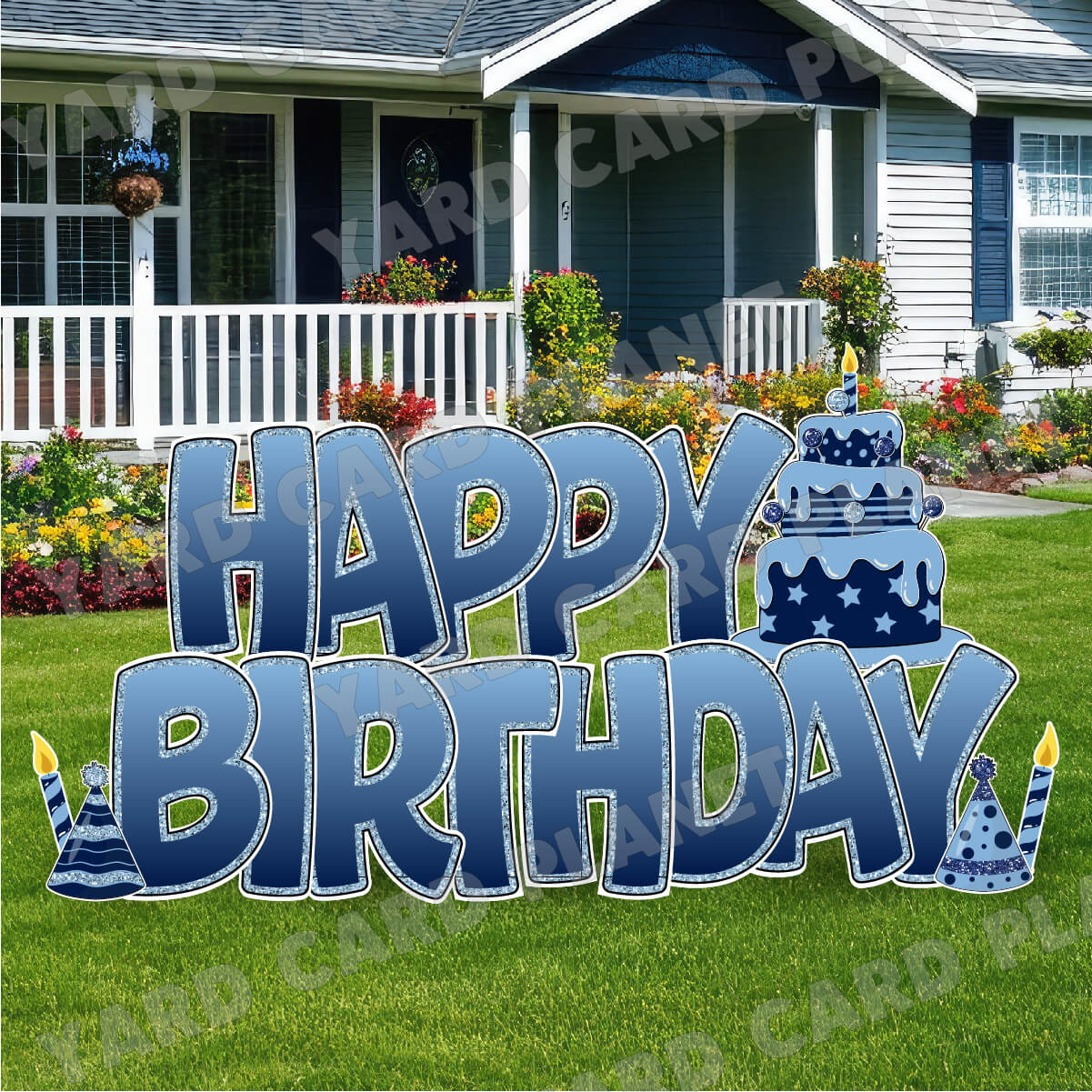 Large 23" Baby Blue and Navy Blue Happy Birthday Yard Card EZ Quick Sets in Bouncy Bold Font and Birthday Flair