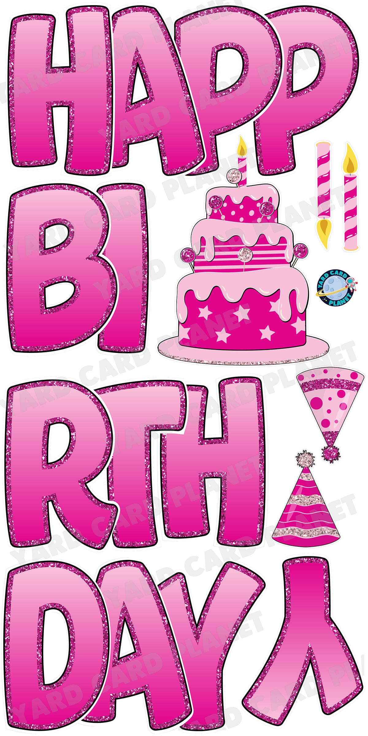 Large 23" Light Pink and Hot Pink Happy Birthday Yard Card EZ Quick Sets in Bouncy Bold Font and Birthday Flair