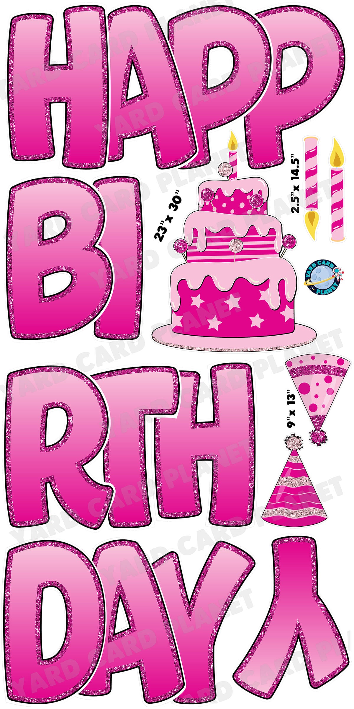Large 23" Light Pink and Hot Pink Happy Birthday Yard Card EZ Quick Sets in Bouncy Bold Font and Birthday Flair