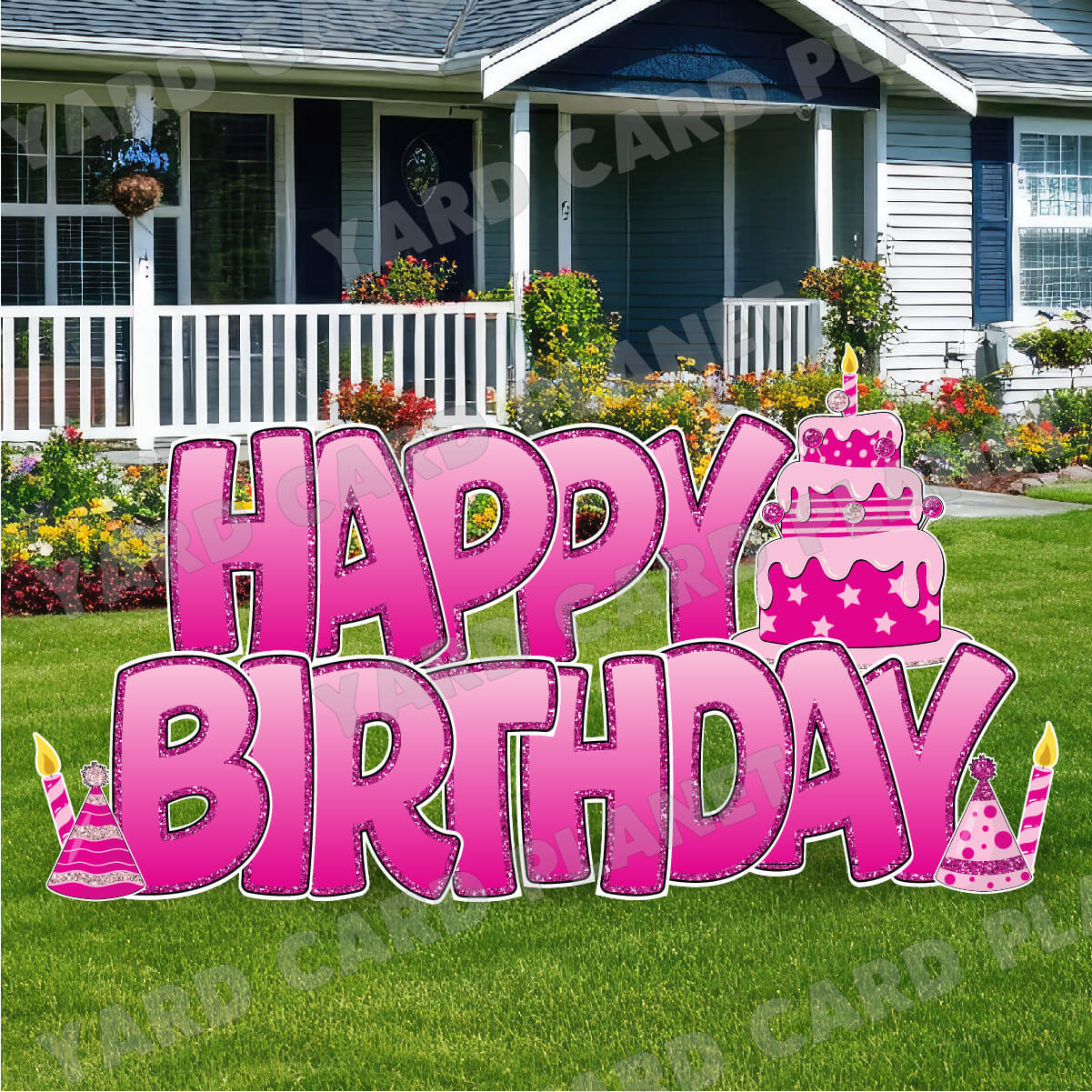 Large 23" Light Pink and Hot Pink Happy Birthday Yard Card EZ Quick Sets in Bouncy Bold Font and Birthday Flair