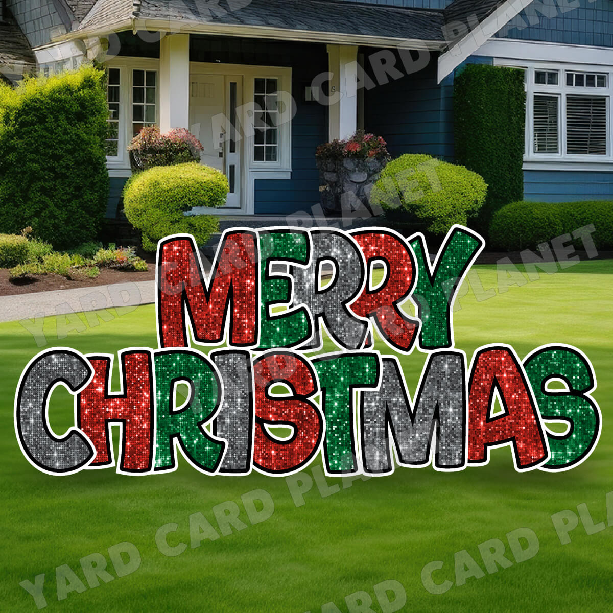Red, Green and Silver Sequin Pattern Merry Christmas EZ Quick Yard Card Set