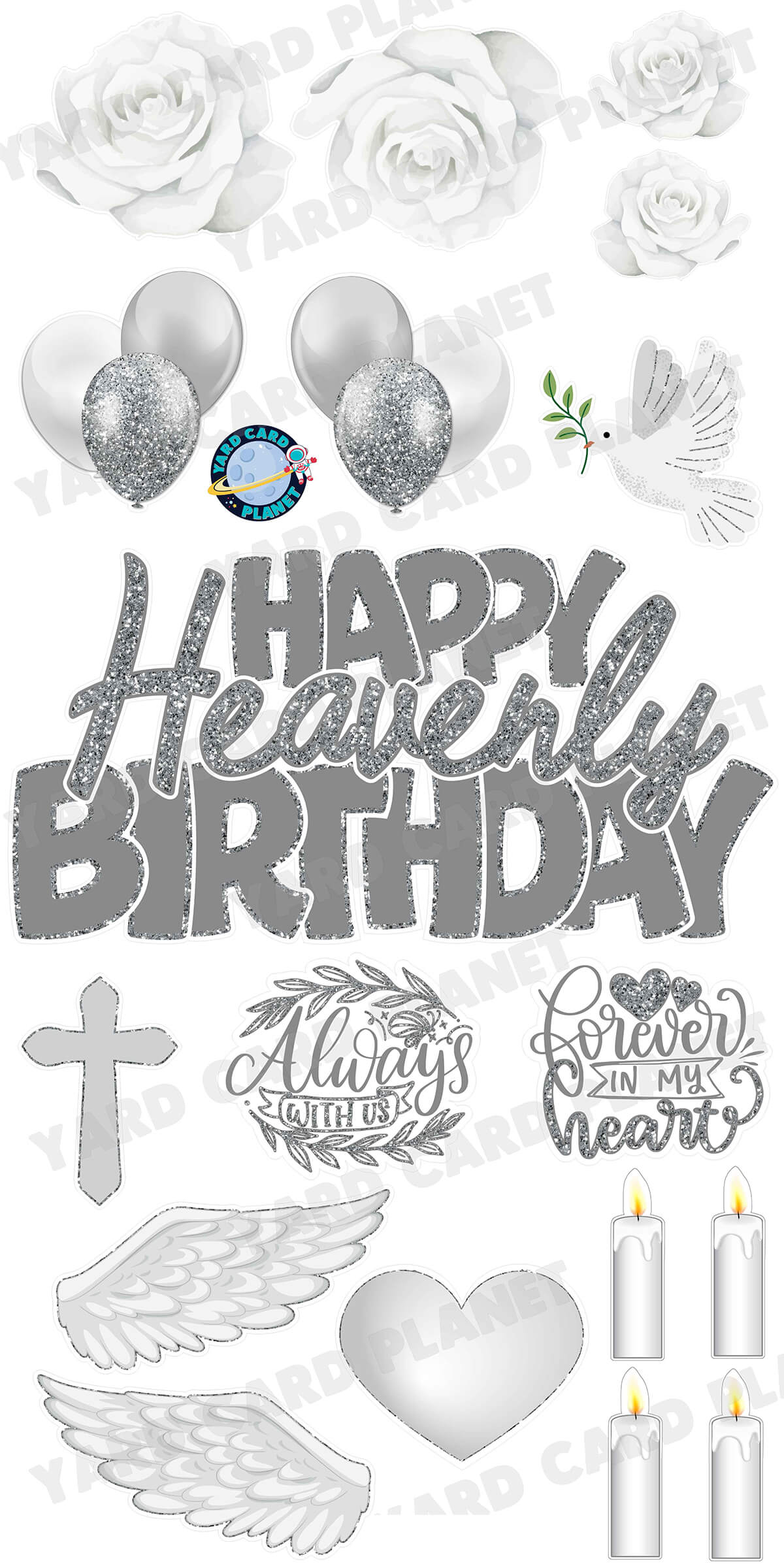 Silver Glitter Pattern Happy Heavenly Birthday EZ Quick Sign and Yard Card Flair Set