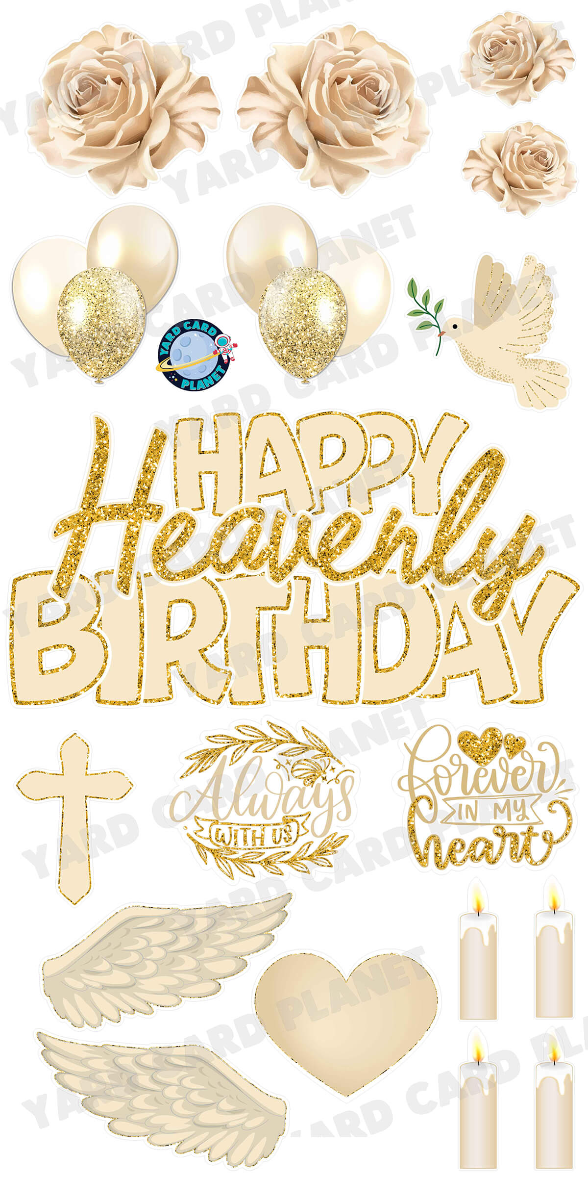 Gold Glitter Pattern Happy Heavenly Birthday EZ Quick Sign and Yard Card Flair Set