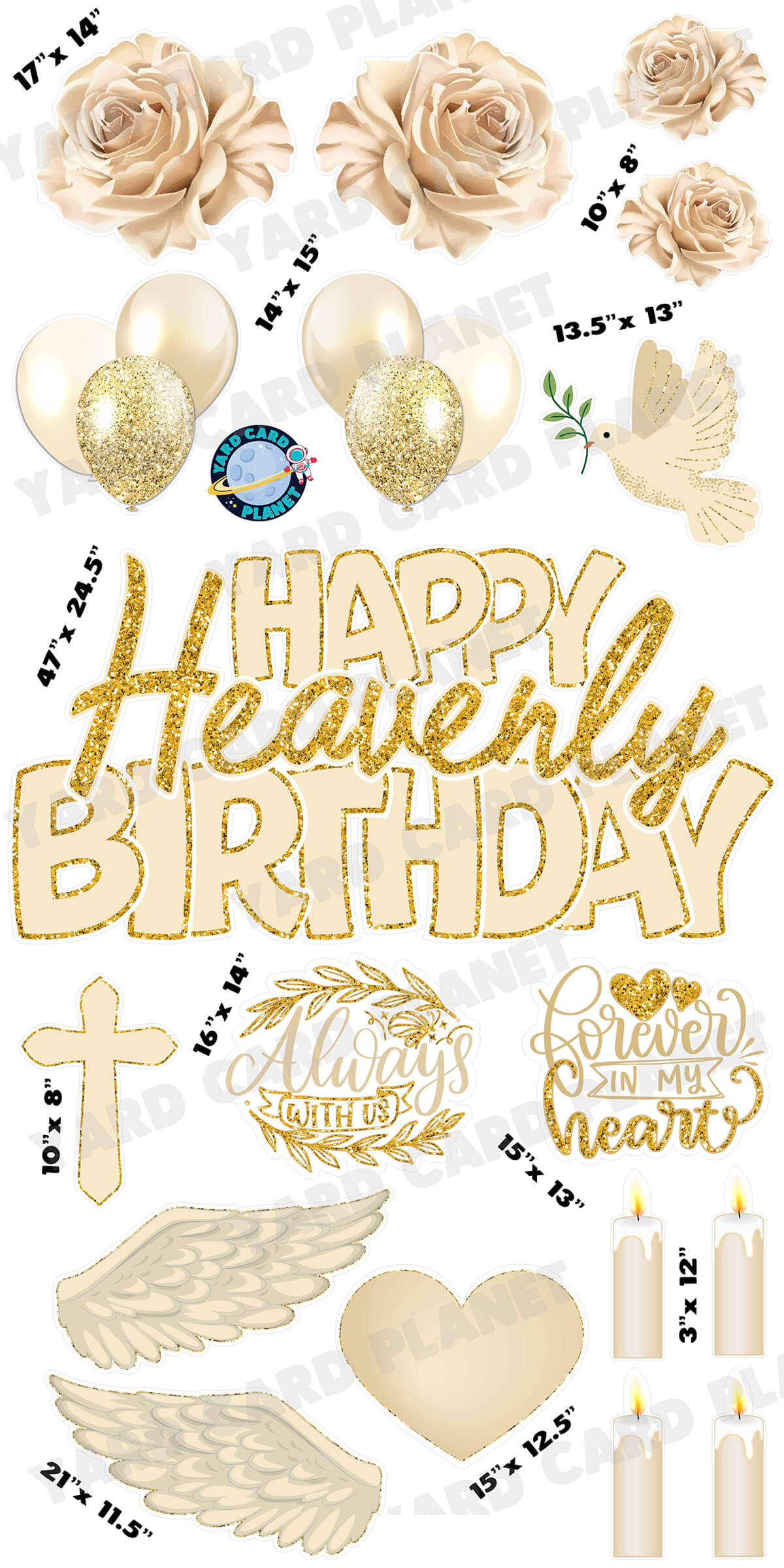 Gold Glitter Pattern Happy Heavenly Birthday EZ Quick Sign and Yard Card Flair Set
