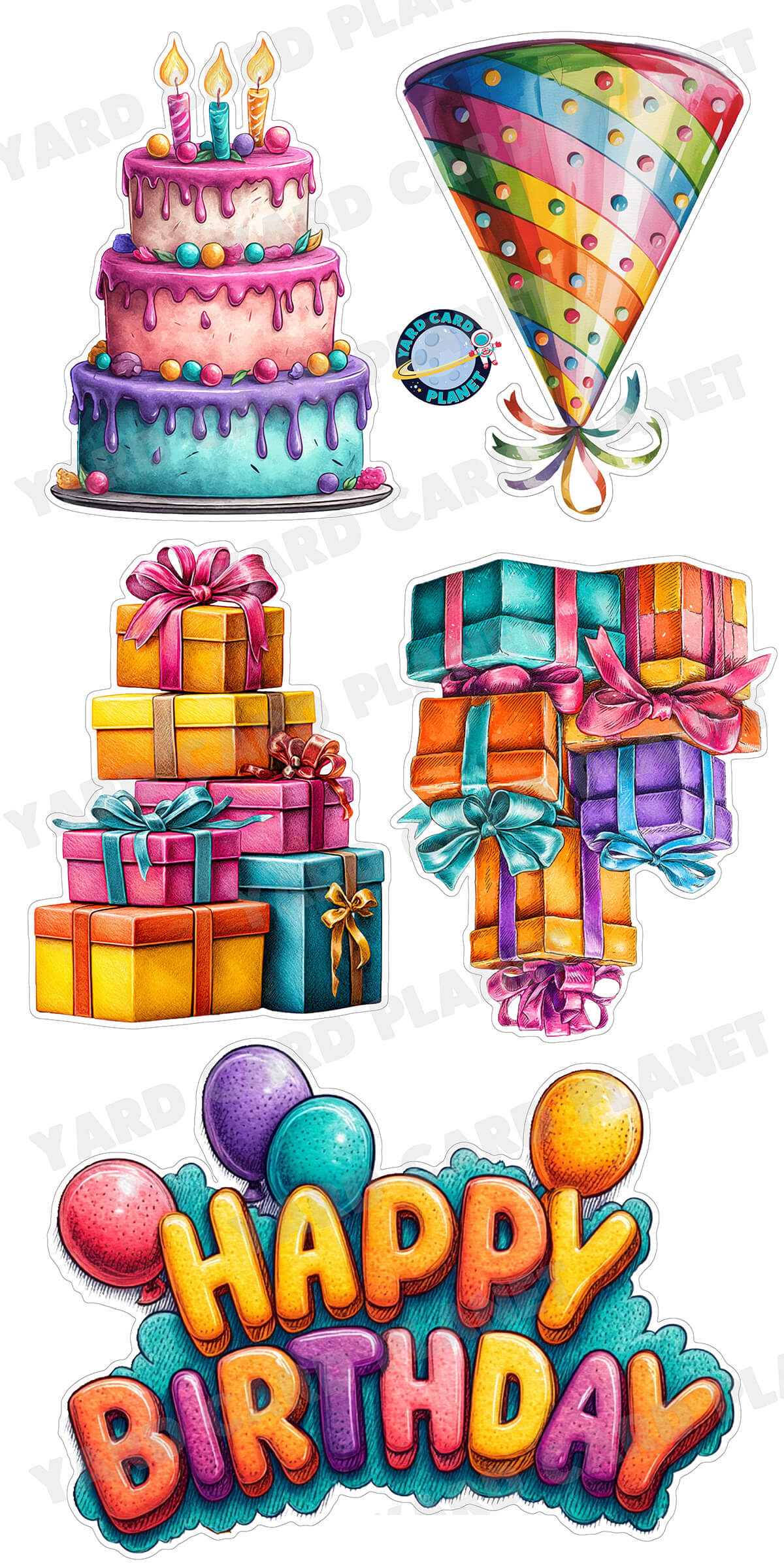 Bright Watercolor Happy Birthday EZ Quick Sign and Yard Card Flair Set