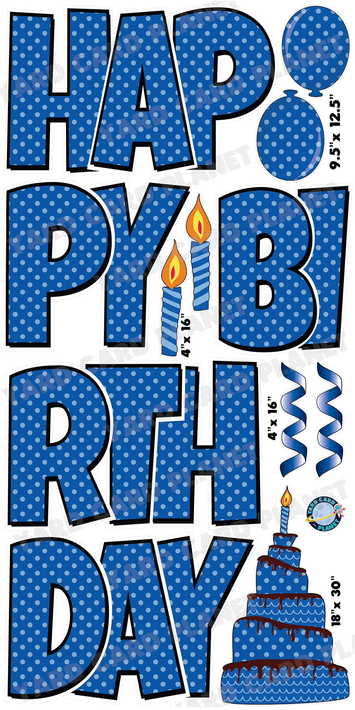 Large 23.5" Happy Birthday Yard Card EZ Quick Sets in Luckiest Guy Font and Birthday Flair in Polka Dot Pattern (Available in Multiple Colors)