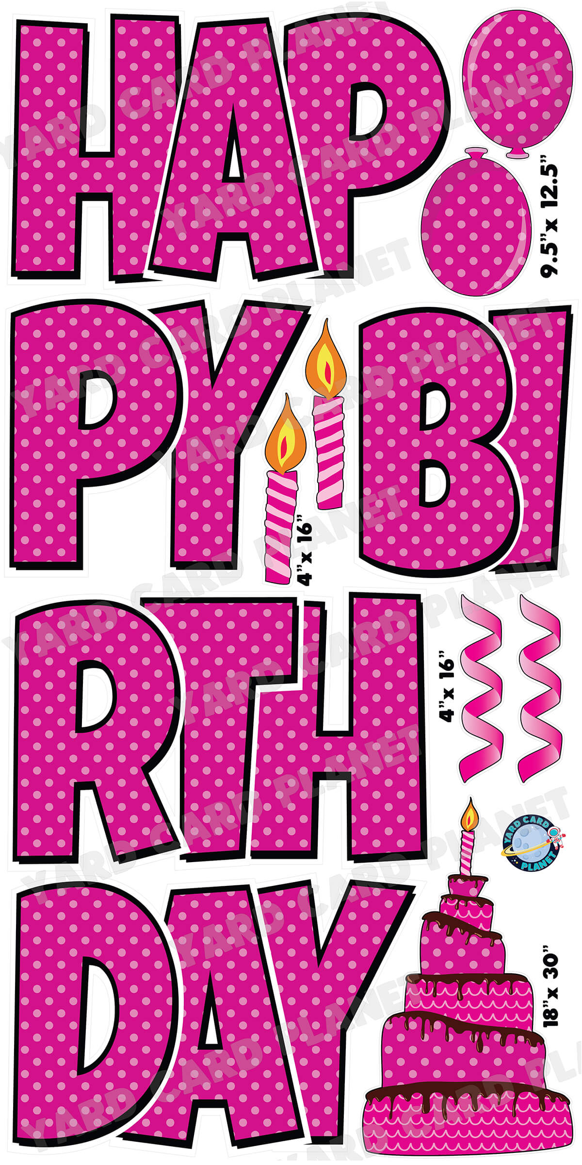 Large 23.5" Happy Birthday Yard Card EZ Quick Sets in Luckiest Guy Font and Birthday Flair in Polka Dot Pattern (Available in Multiple Colors)