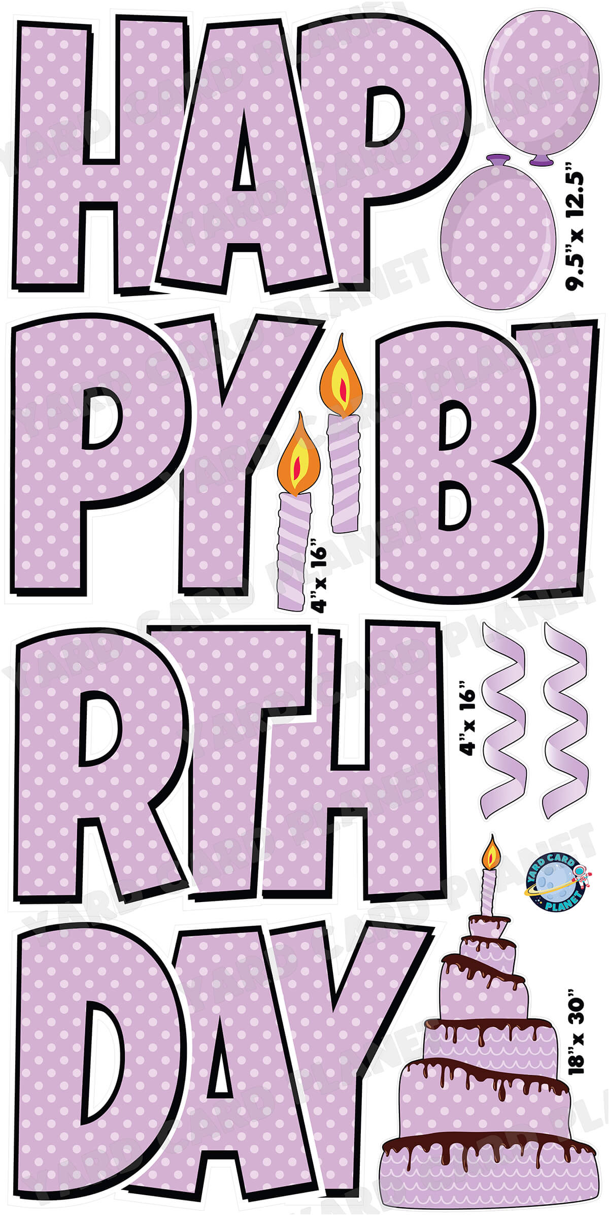 Large 23.5" Happy Birthday Yard Card EZ Quick Sets in Luckiest Guy Font and Birthday Flair in Polka Dot Pattern (Available in Multiple Colors)