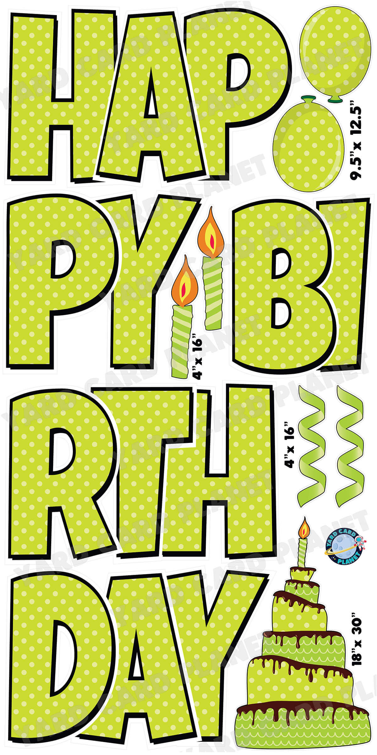 Large 23.5" Happy Birthday Yard Card EZ Quick Sets in Luckiest Guy Font and Birthday Flair in Polka Dot Pattern (Available in Multiple Colors)