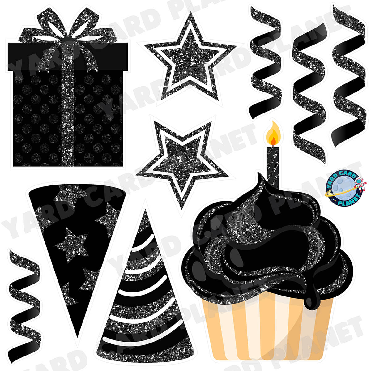 Black Glitter Birthday Elements Half Sheet Yard Card Set