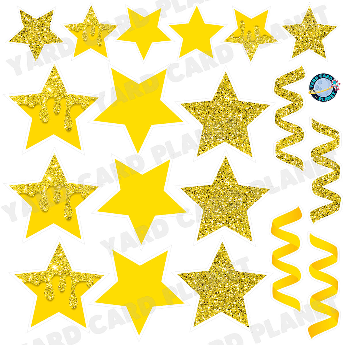 Yellow Glitter and Solid Stars and Streamers Half Sheet Yard Card Flair Set