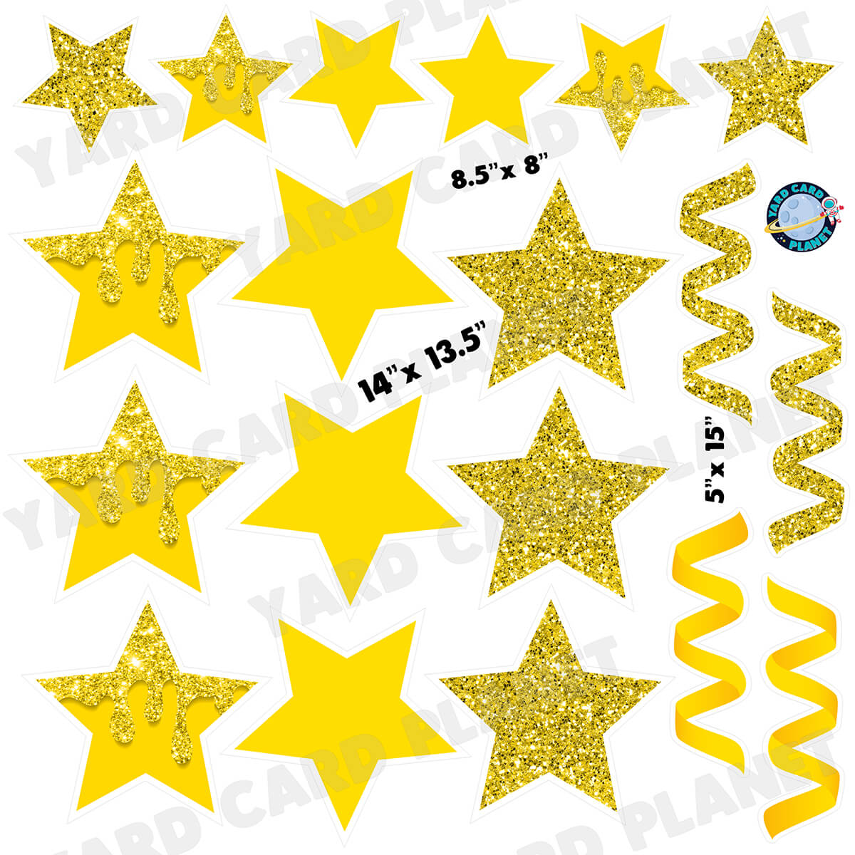 Yellow Glitter and Solid Stars and Streamers Half Sheet Yard Card Flair Set