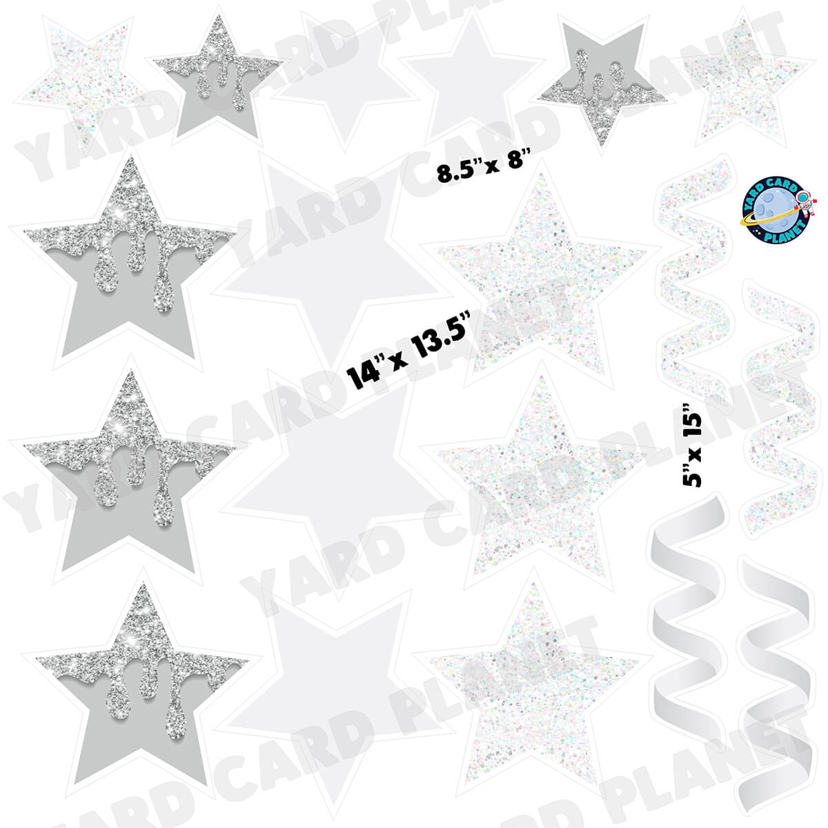 White Glitter and Solid Stars and Streamers Half Sheet Yard Card Flair Set