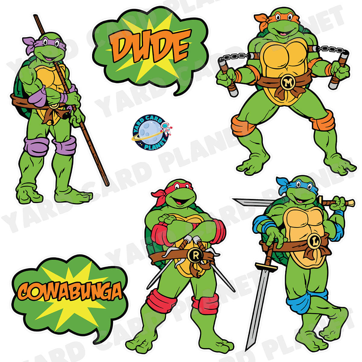 Pizza Loving Fighting Turtles Half Sheet Yard Card Flair Set