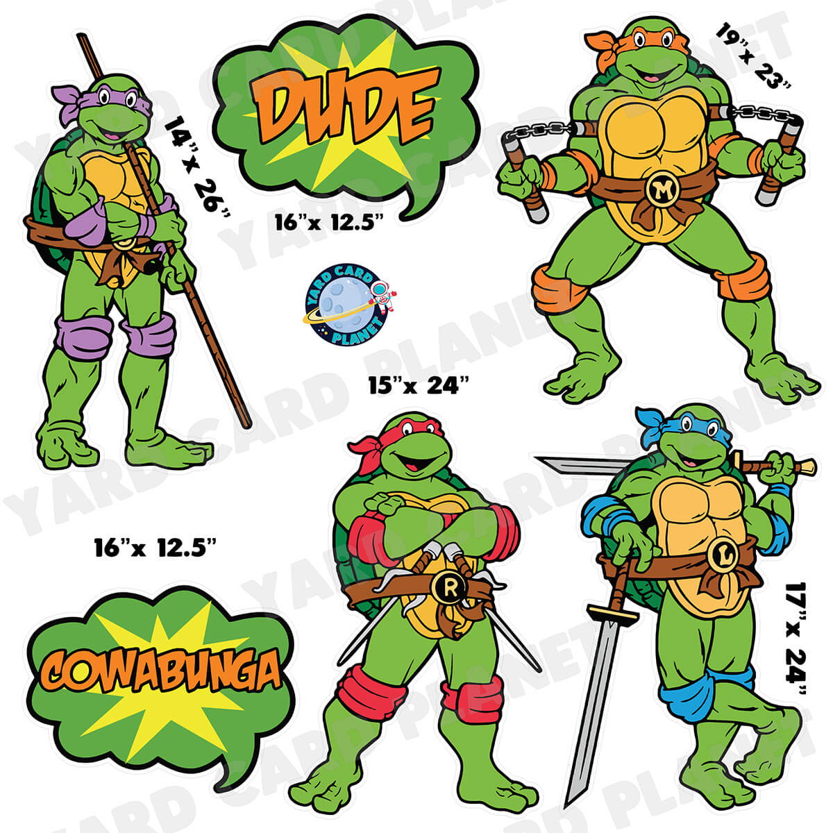 Pizza Loving Fighting Turtles Half Sheet Yard Card Flair Set