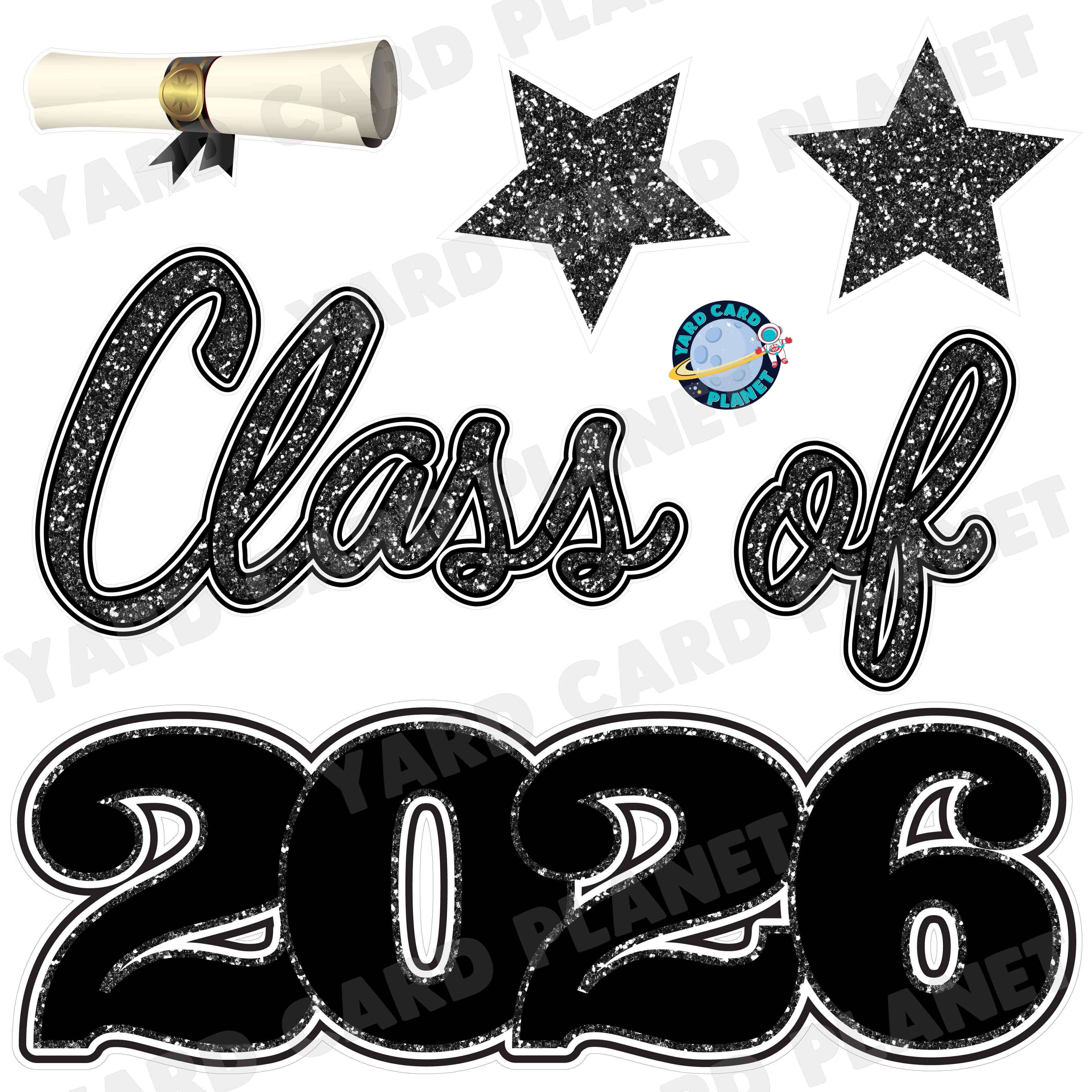 Black Glitter Pattern Class of 2026 EZ Quick Set Half Sheet Yard Card Flair Set