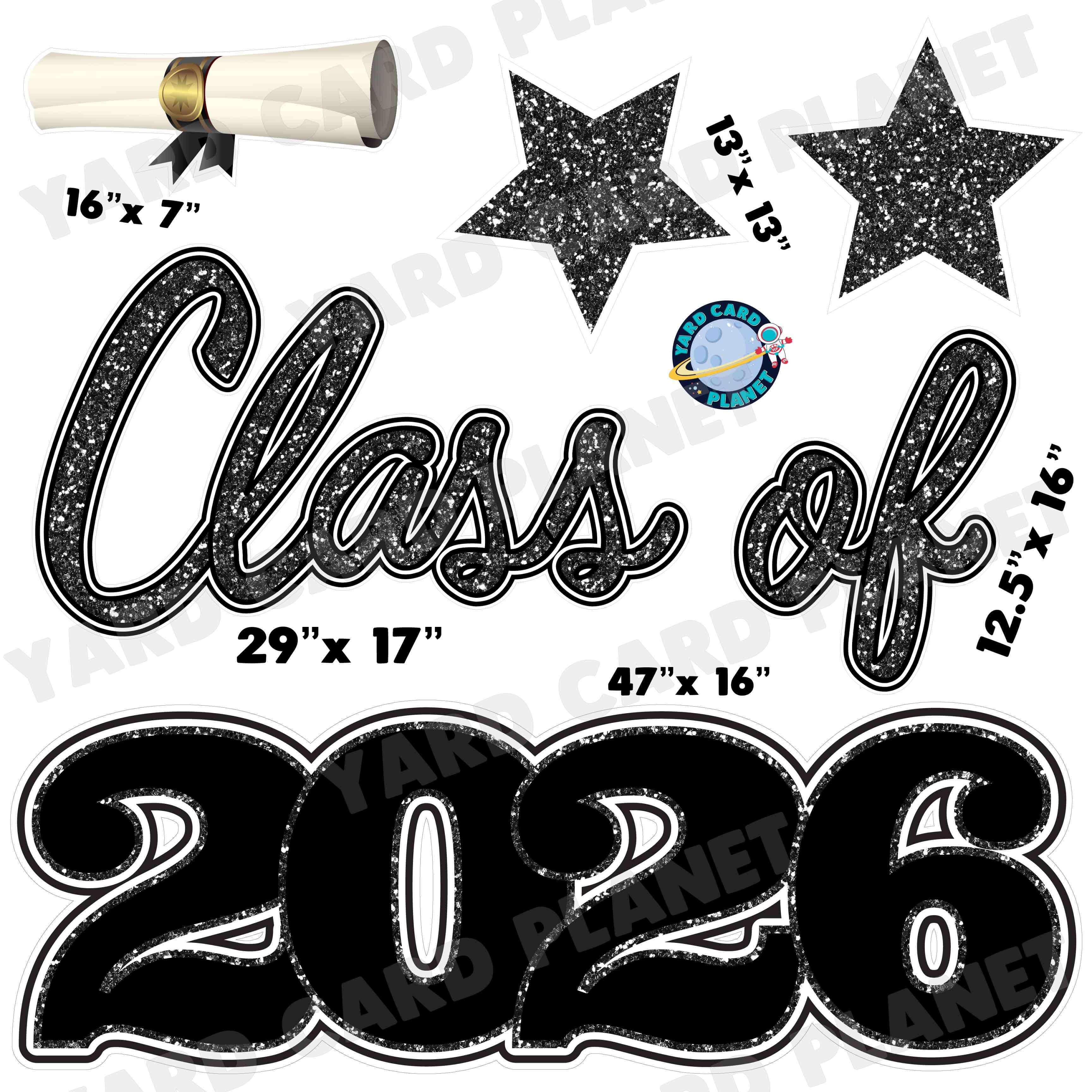 Black Glitter Pattern Class of 2026 EZ Quick Set Half Sheet Yard Card Flair Set