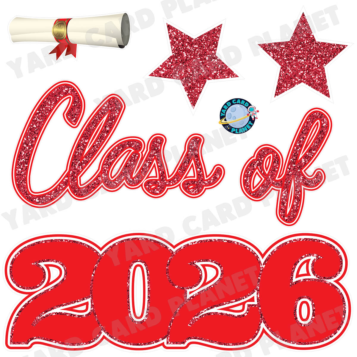 Red Glitter Pattern Class of 2026 EZ Quick Set Half Sheet Yard Card Flair Set