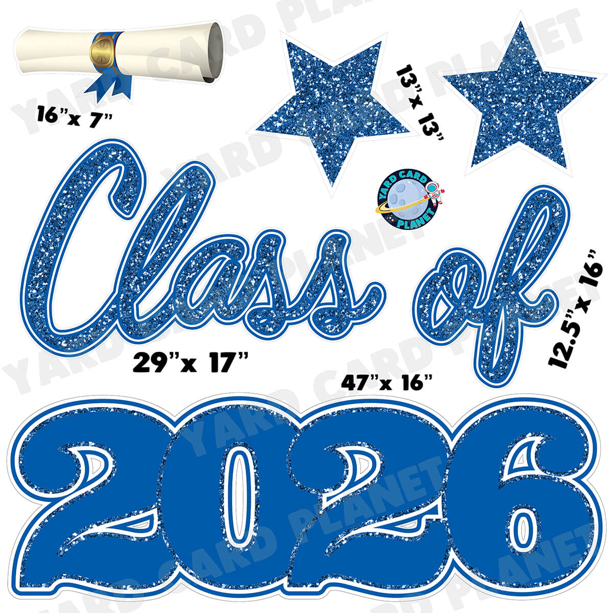 Blue Glitter Pattern Class of 2026 EZ Quick Set Half Sheet Yard Card Flair Set