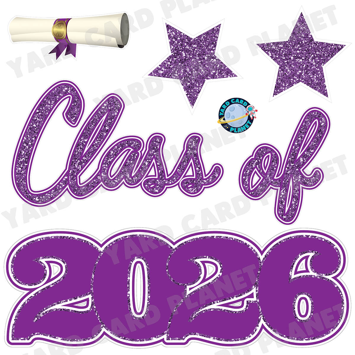 Purple Glitter Pattern Class of 2026 EZ Quick Set Half Sheet Yard Card Flair Set