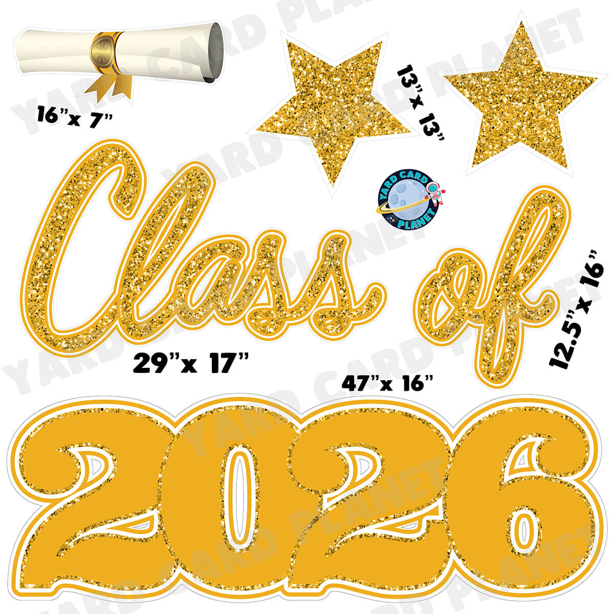 Gold Glitter Pattern Class of 2026 EZ Quick Set Half Sheet Yard Card Flair Set