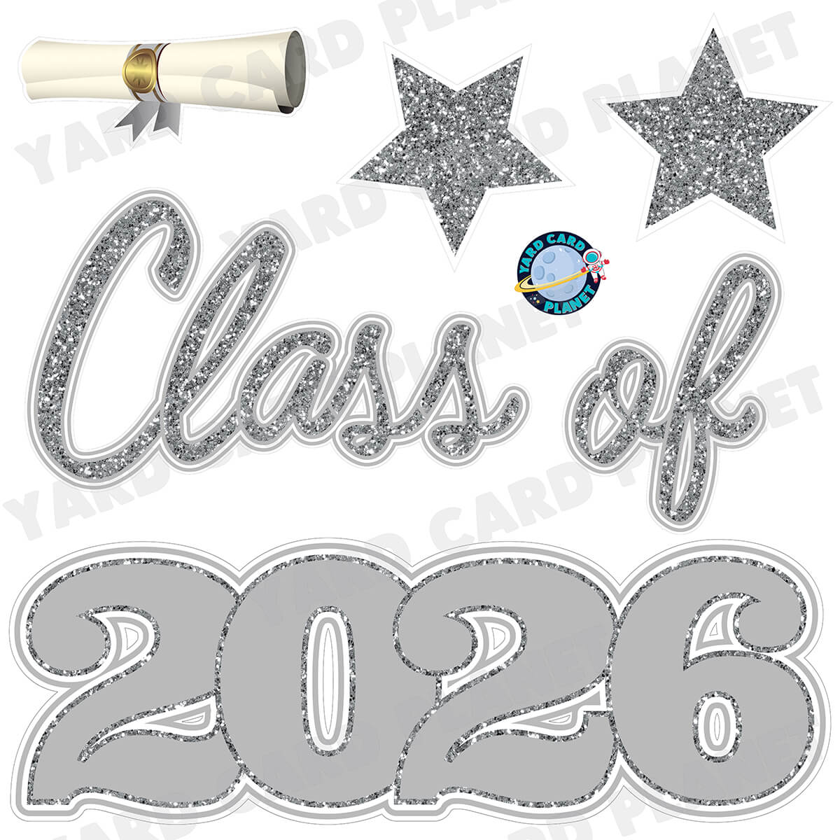 Silver Glitter Pattern Class of 2026 EZ Quick Set Half Sheet Yard Card Flair Set