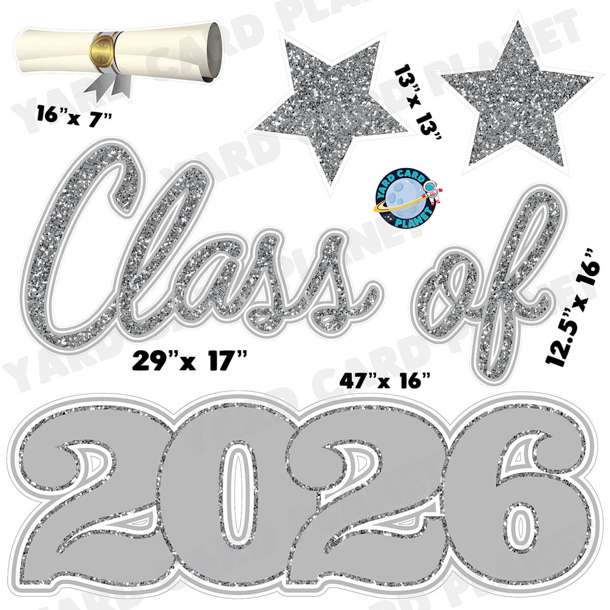 Silver Glitter Pattern Class of 2026 EZ Quick Set Half Sheet Yard Card Flair Set