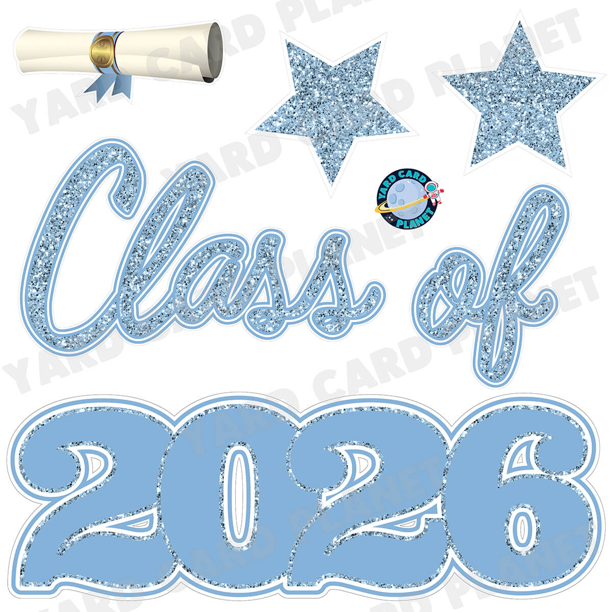 Baby Blue Glitter Pattern Class of 2026 EZ Quick Set Half Sheet Yard Card Flair Set