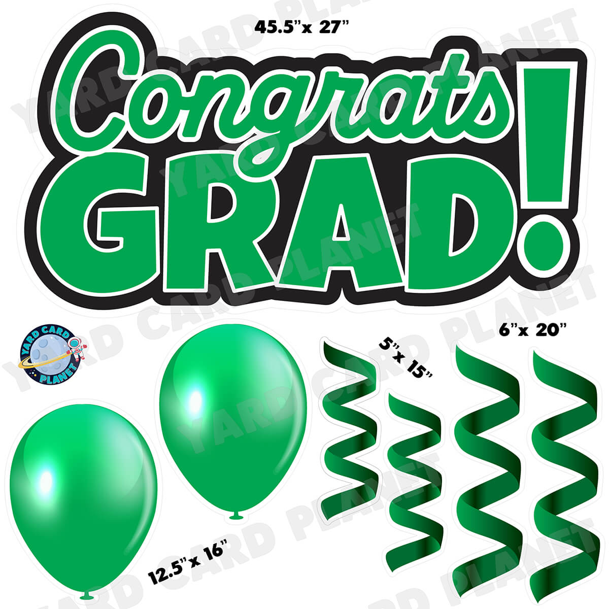 Green Congrats Grad EZ Quick Signs with Matching Balloons and Streamers Half Sheet Yard Card Flair Set