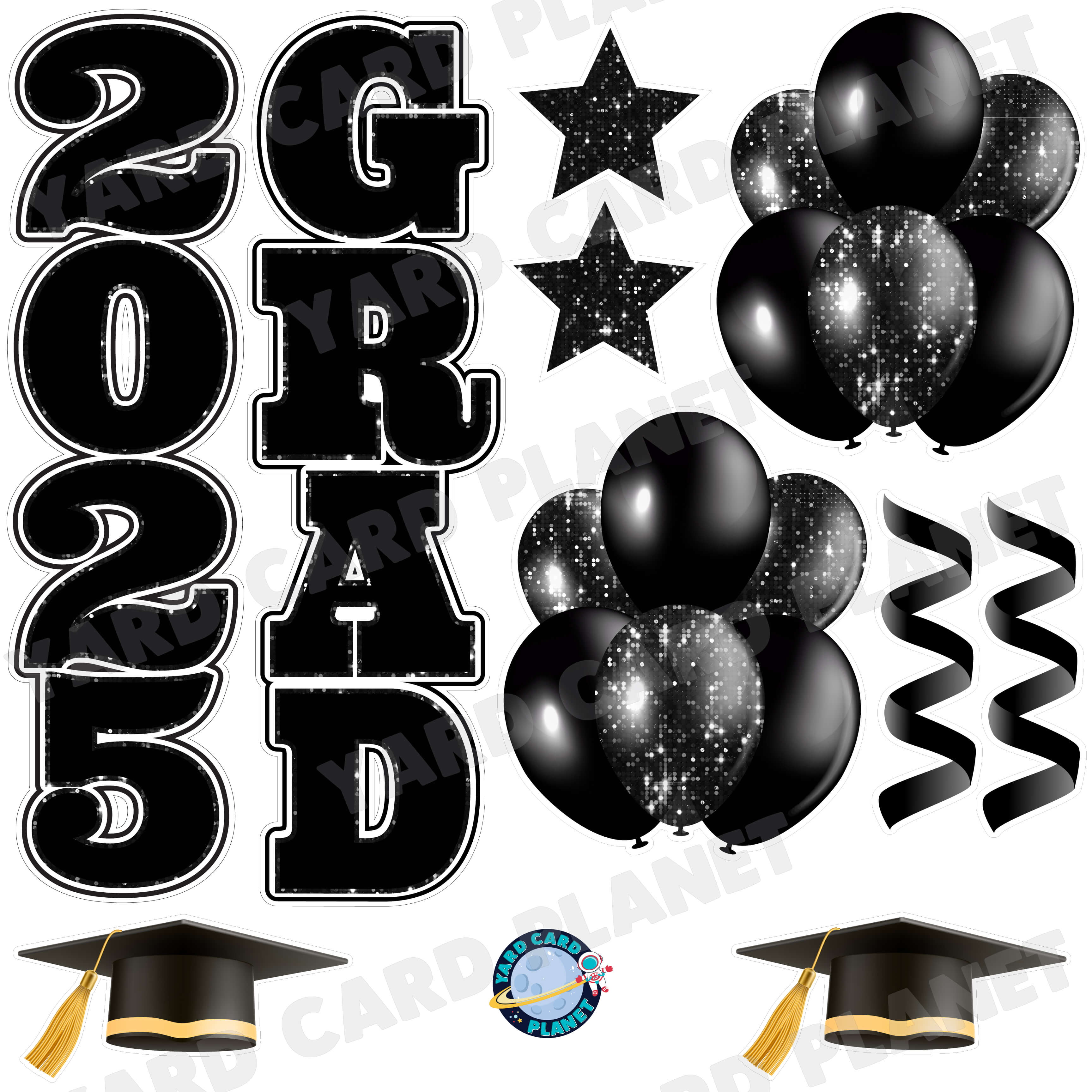 Black Solid and Sequin Pattern 2025 Grad EZ Quick Vertical Towers and Matching Flair Half Sheet Yard Card Flair Set