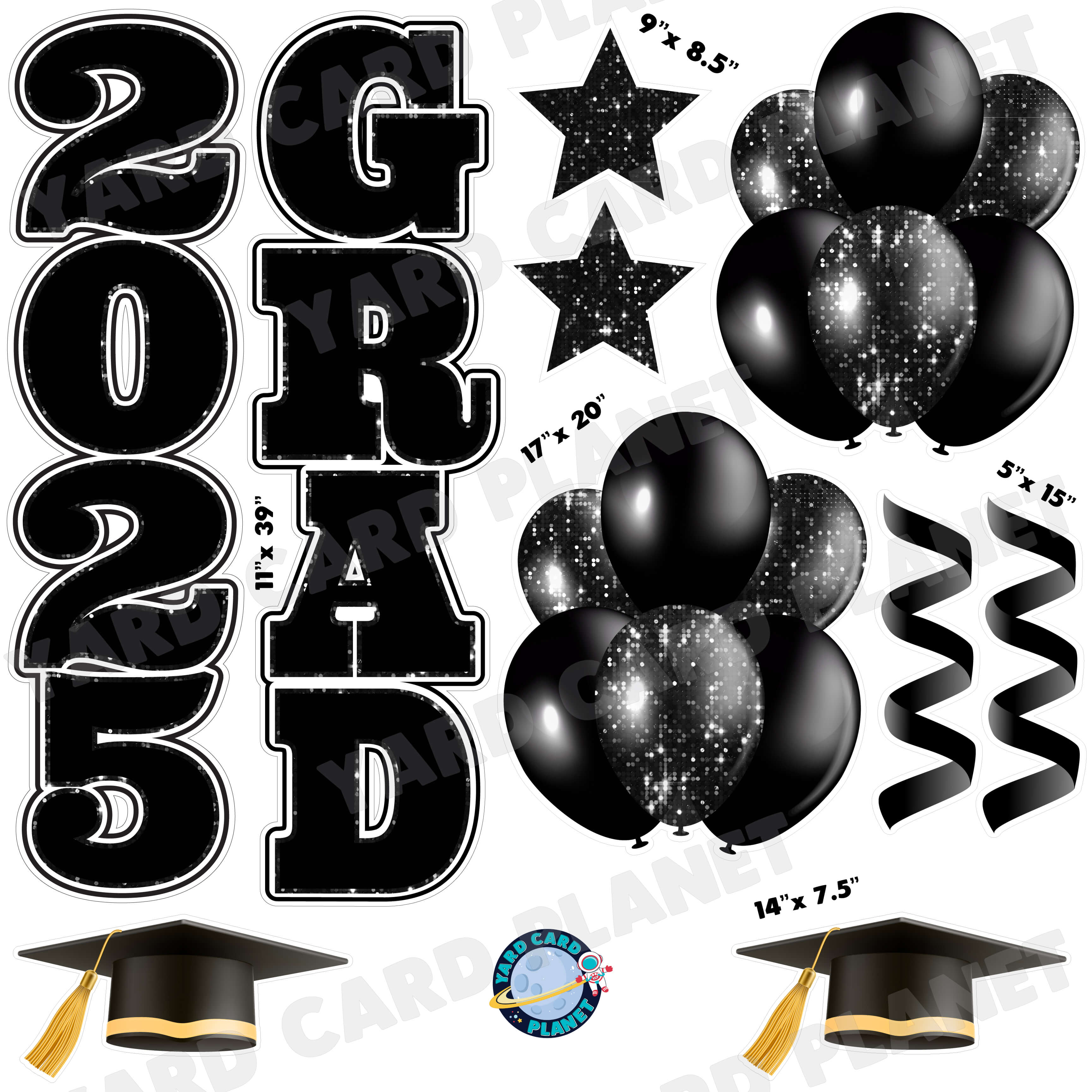 Black Solid and Sequin Pattern 2025 Grad EZ Quick Vertical Towers and Matching Flair Half Sheet Yard Card Flair Set