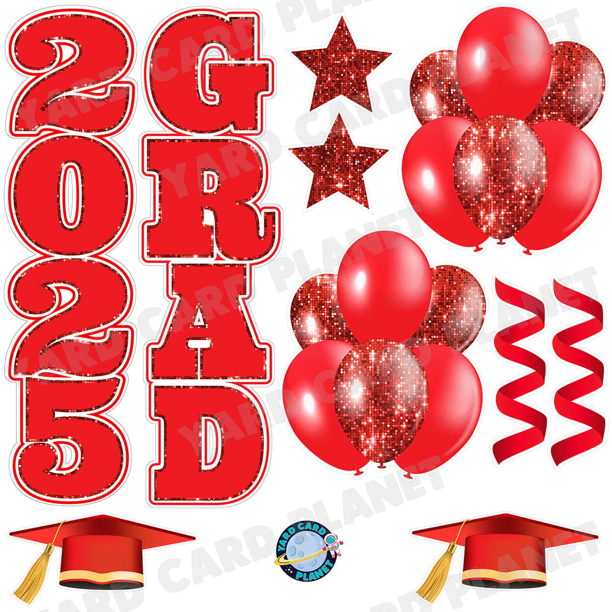 Red Solid and Sequin Pattern 2025 Grad EZ Quick Vertical Towers and Matching Flair Half Sheet Yard Card Flair Set