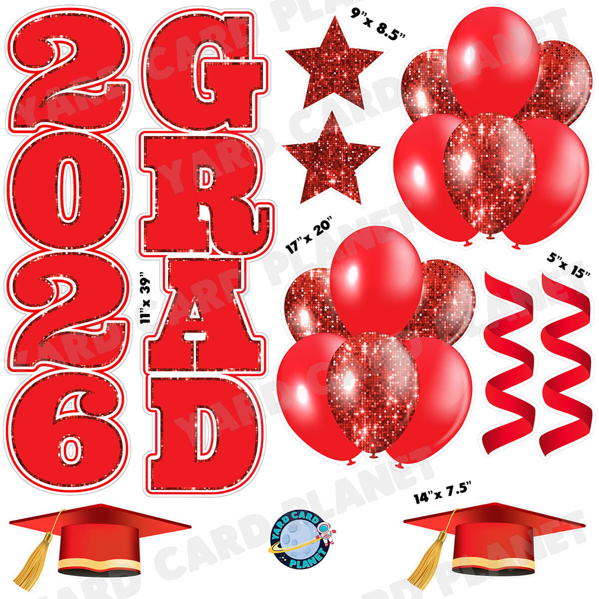 Red Solid and Sequin Pattern 2026 Grad EZ Quick Vertical Towers and Matching Flair Half Sheet Yard Card Flair Set