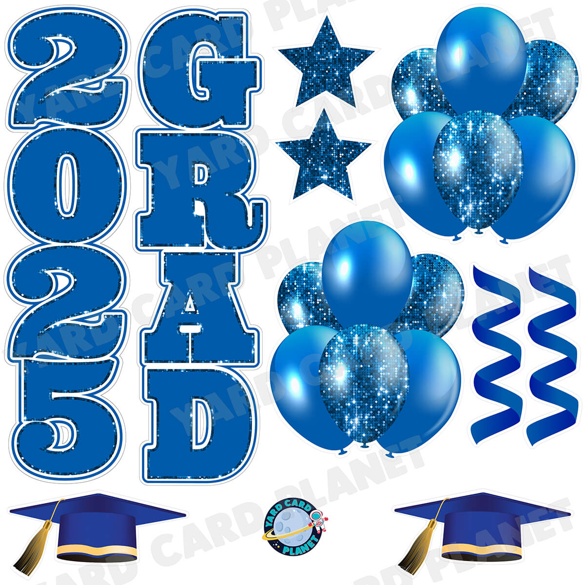 Blue Solid and Sequin Pattern 2025 Grad EZ Quick Vertical Towers and Matching Flair Half Sheet Yard Card Flair Set