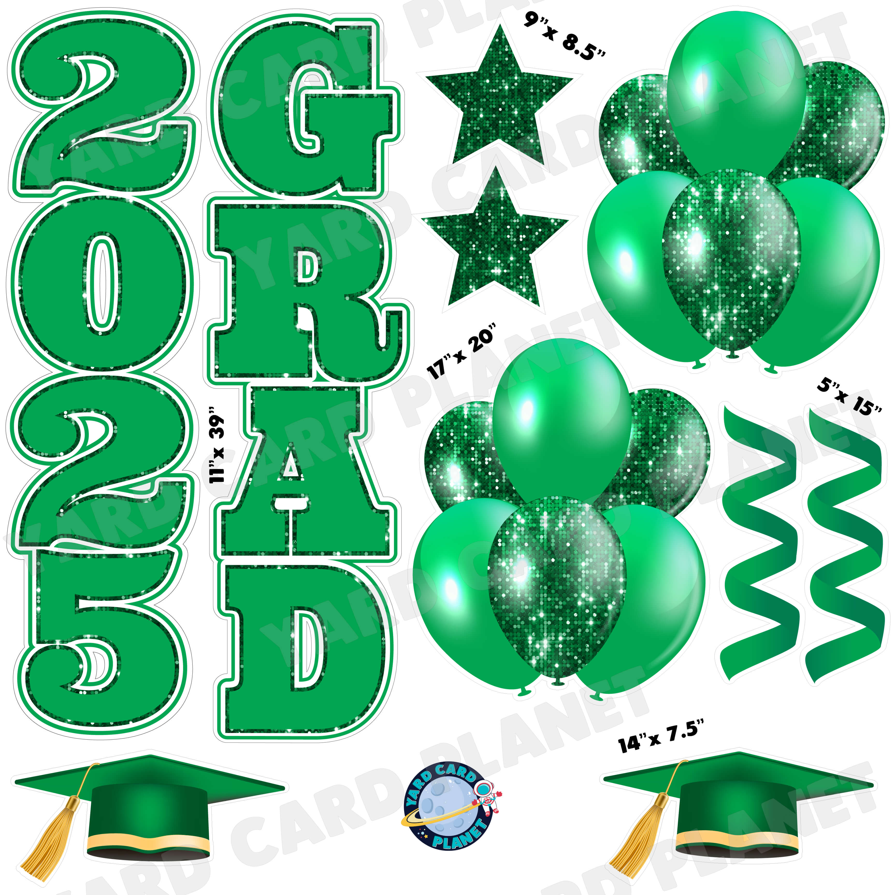 Green Solid and Sequin Pattern 2025 Grad EZ Quick Vertical Towers and Matching Flair Half Sheet Yard Card Flair Set
