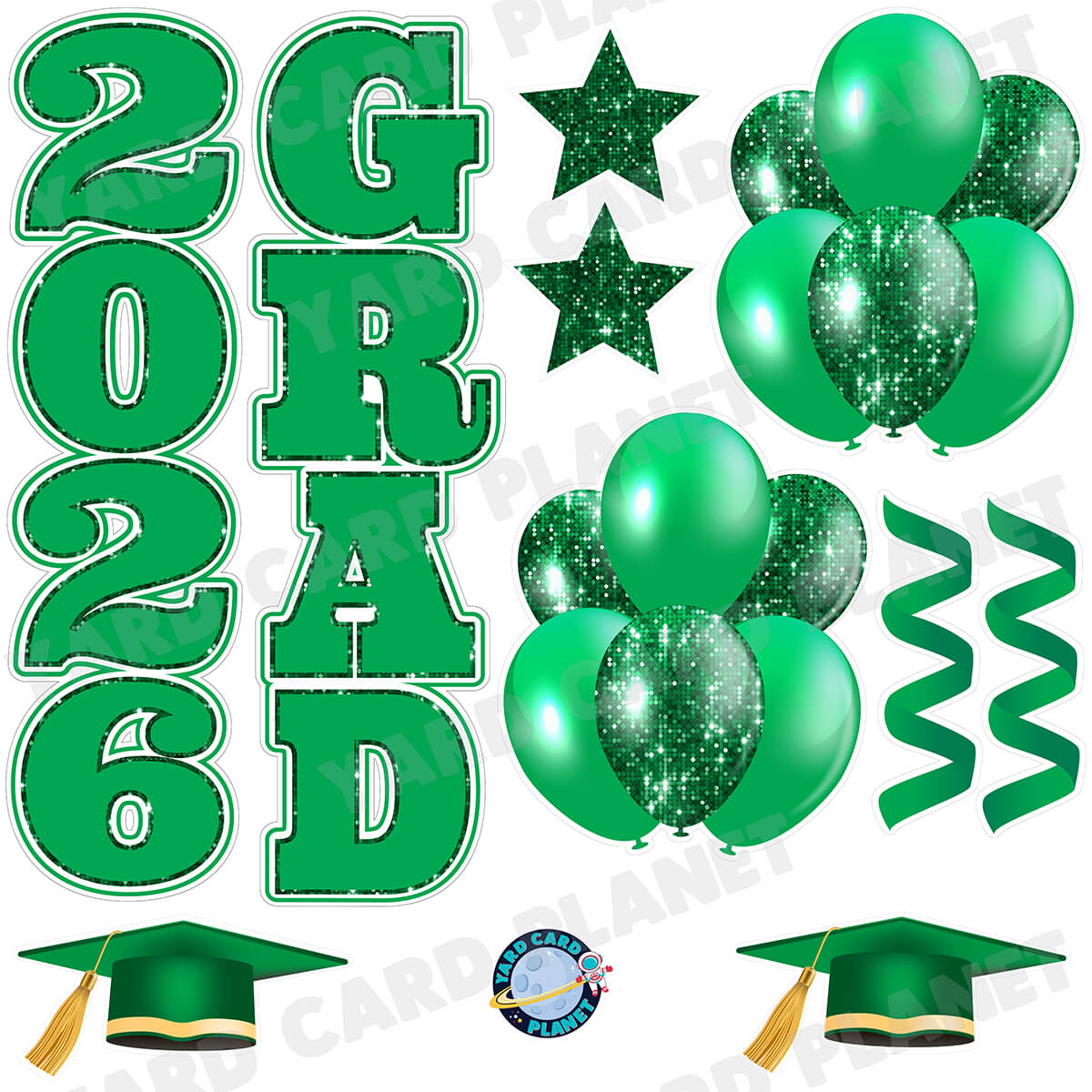 Green Solid and Sequin Pattern 2026 Grad EZ Quick Vertical Towers and Matching Flair Half Sheet Yard Card Flair Set