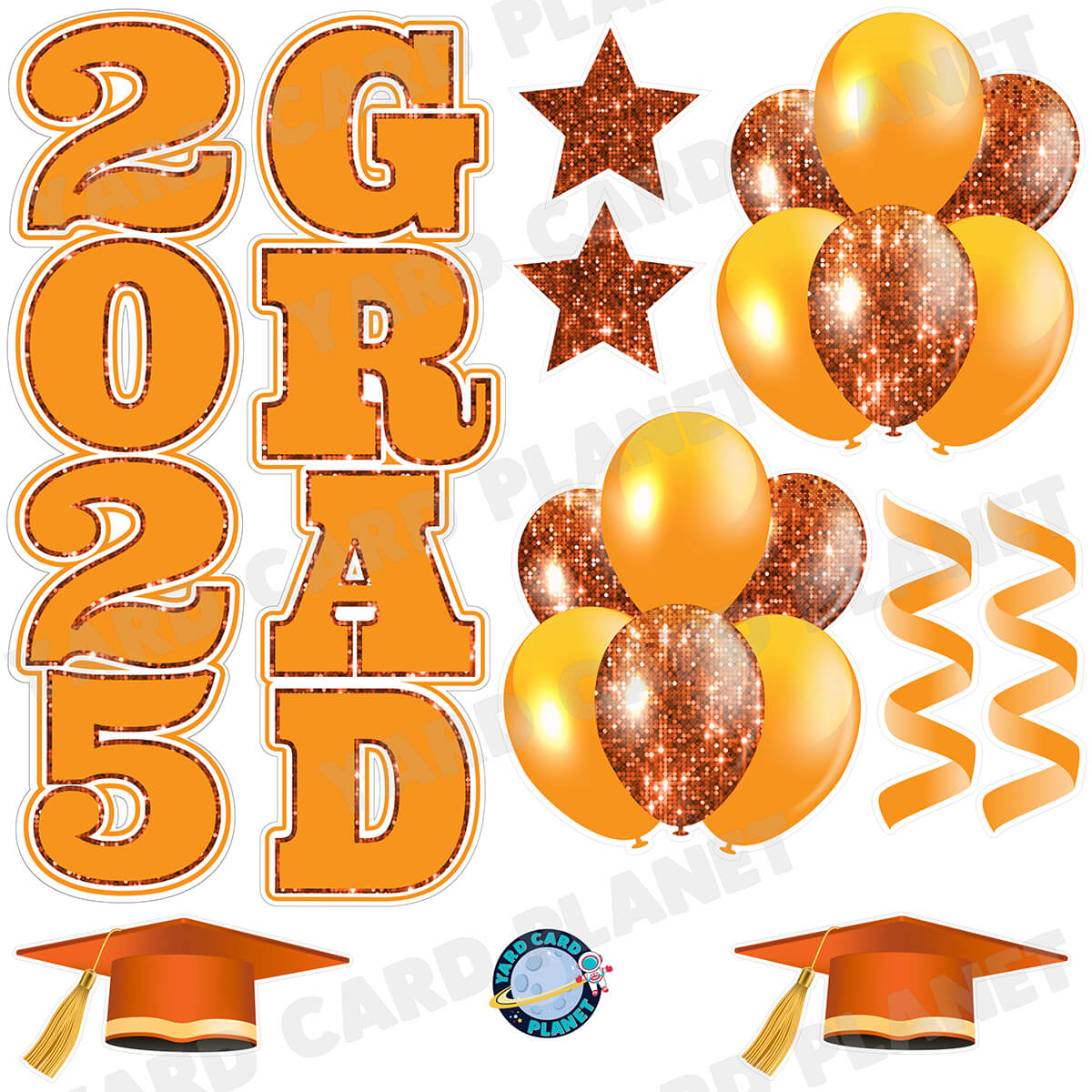 Orange Solid and Sequin Pattern 2025 Grad EZ Quick Vertical Towers and Matching Flair Half Sheet Yard Card Flair Set