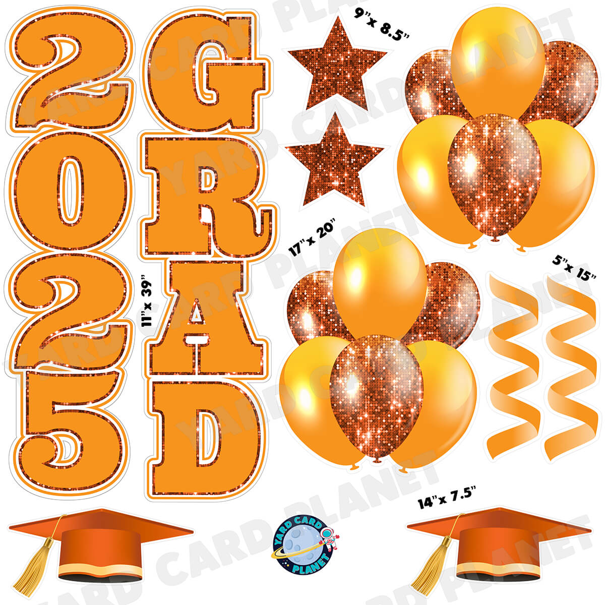 Orange Solid and Sequin Pattern 2025 Grad EZ Quick Vertical Towers and Matching Flair Half Sheet Yard Card Flair Set