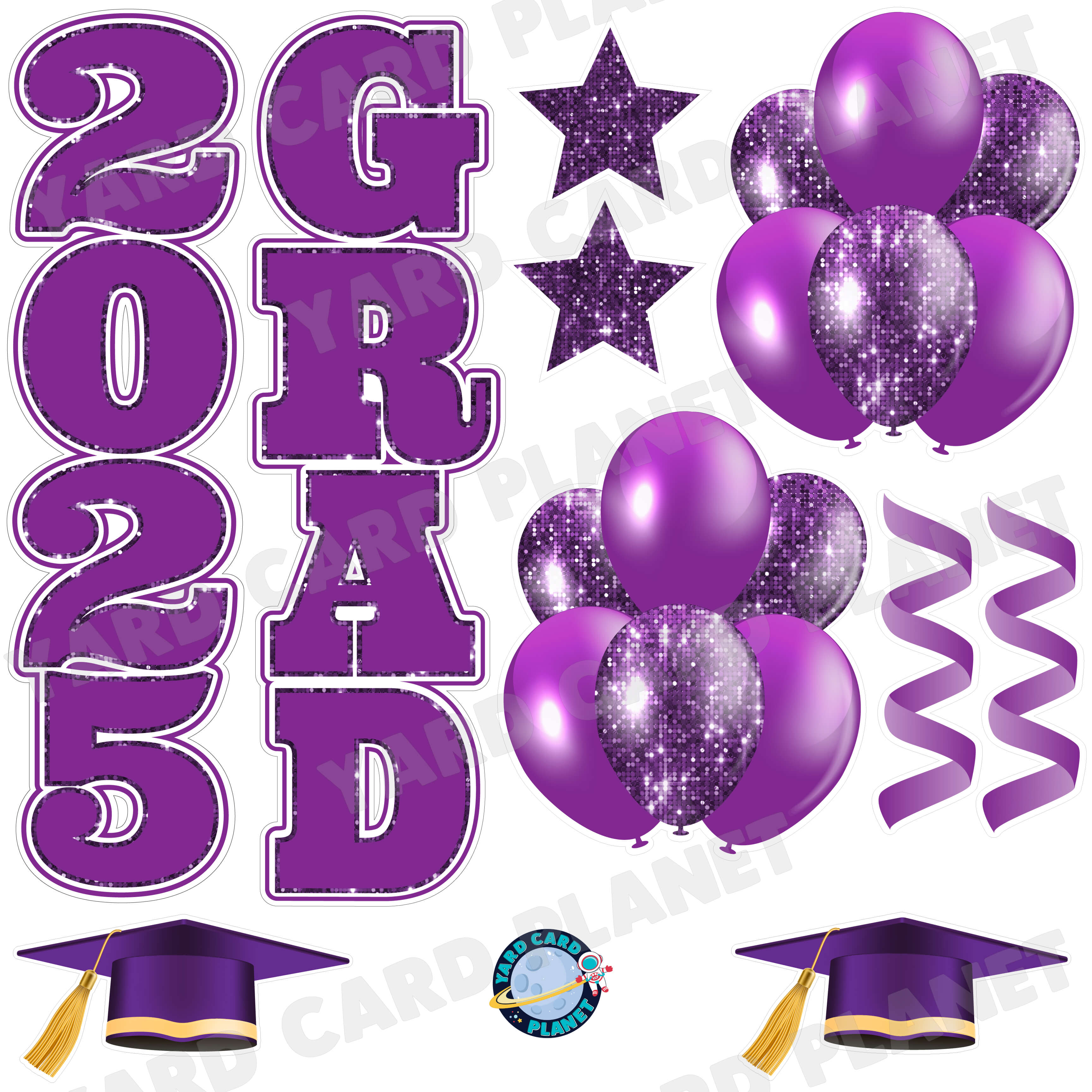 Purple Solid and Sequin Pattern 2025 Grad EZ Quick Vertical Towers and Matching Flair Half Sheet Yard Card Flair Set