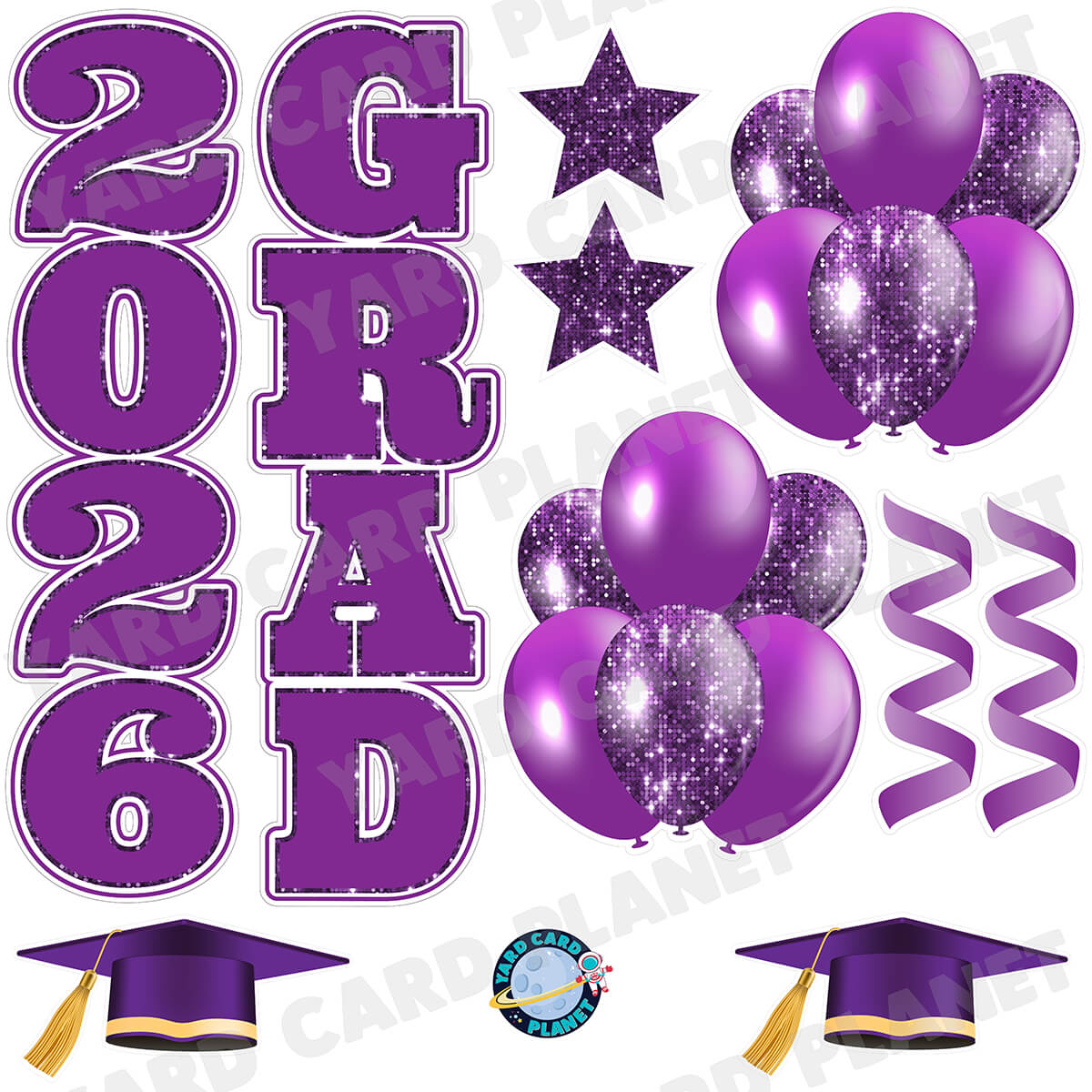 Purple Solid and Sequin Pattern 2026 Grad EZ Quick Vertical Towers and Matching Flair Half Sheet Yard Card Flair Set