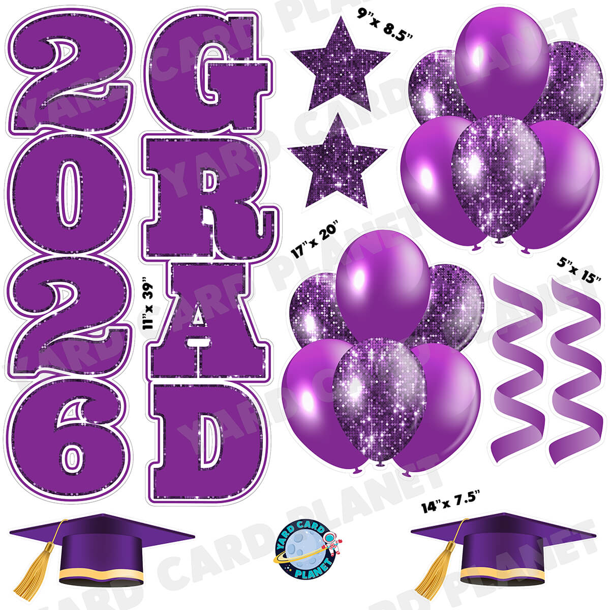 Purple Solid and Sequin Pattern 2026 Grad EZ Quick Vertical Towers and Matching Flair Half Sheet Yard Card Flair Set