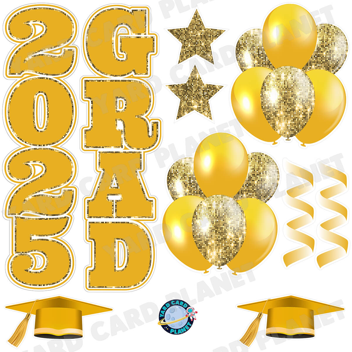 Gold Solid and Sequin Pattern 2025 Grad EZ Quick Vertical Towers and Matching Flair Half Sheet Yard Card Flair Set