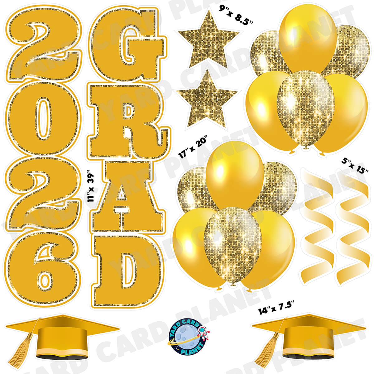 Gold Solid and Sequin Pattern 2026 Grad EZ Quick Vertical Towers and Matching Flair Half Sheet Yard Card Flair Set