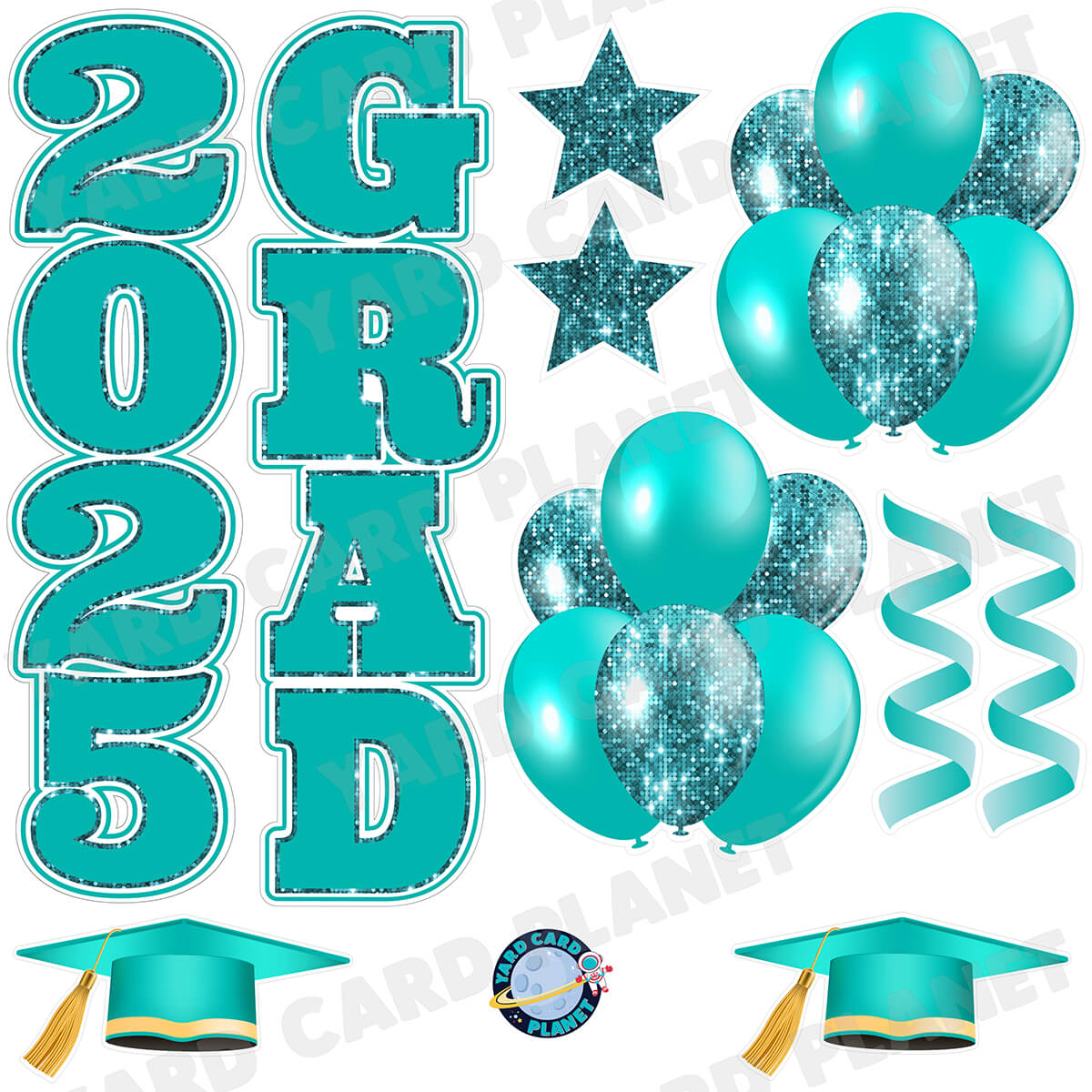 Teal Solid and Sequin Pattern 2025 Grad EZ Quick Vertical Towers and Matching Flair Half Sheet Yard Card Flair Set