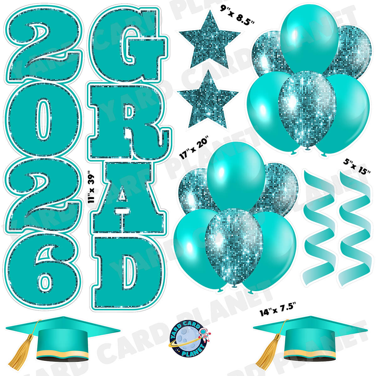 Teal Solid and Sequin Pattern 2026 Grad EZ Quick Vertical Towers and Matching Flair Half Sheet Yard Card Flair Set