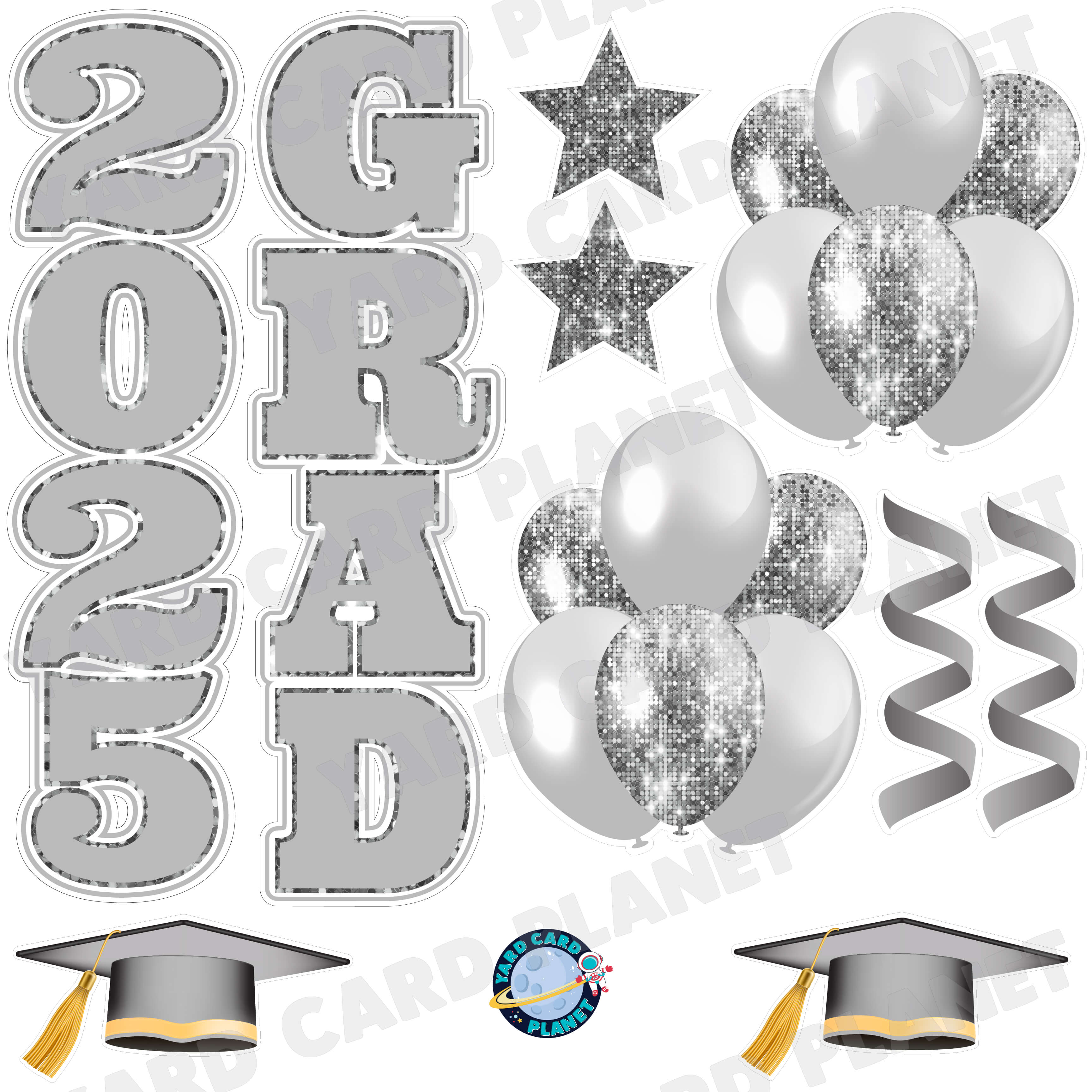 Silver Solid and Sequin Pattern 2025 Grad EZ Quick Vertical Towers and Matching Flair Half Sheet Yard Card Flair Set